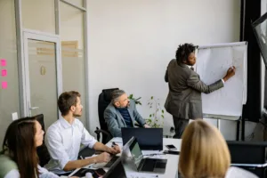 Business team collaborating on enterprise SEO strategy in modern office