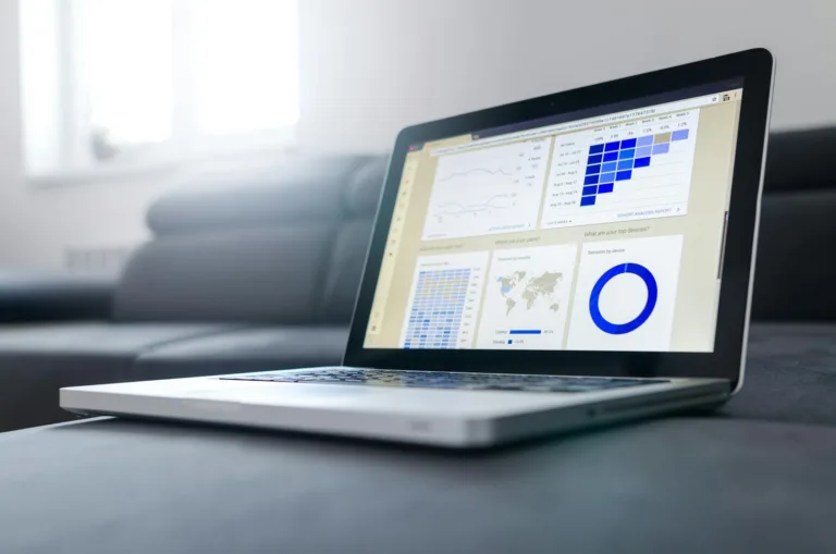Data analytics dashboard on laptop showing enterprise SEO audit metrics